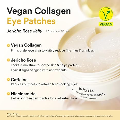 Abib Vegan Collagen Eye Patches for Wrinkles & Fine Line with Jericho Rose Jelly & Peptides, 60 Count, Korean Skin Care
